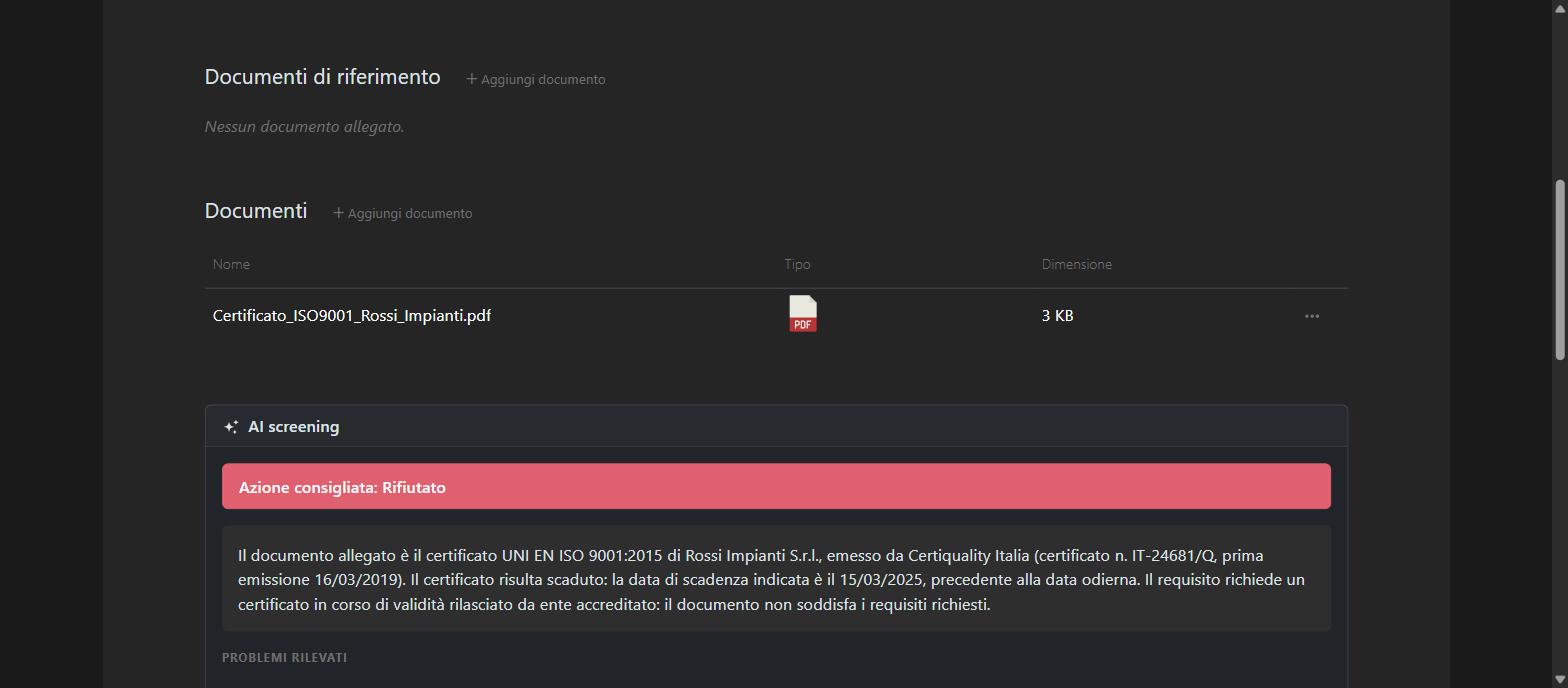 Rejected AI screening for an expired ISO certification, with issues flagged by severity
