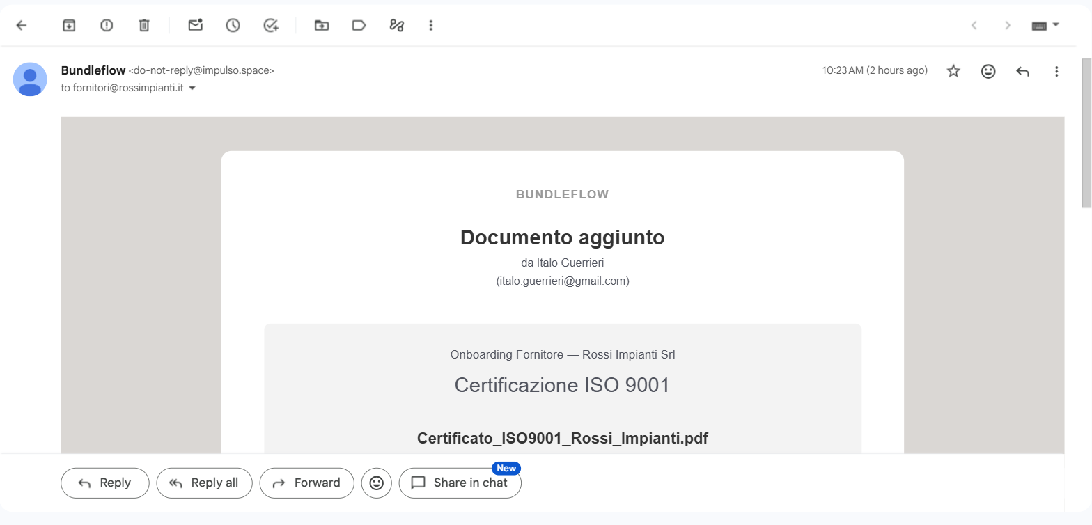Automatic notification email for a new document added to the bundle